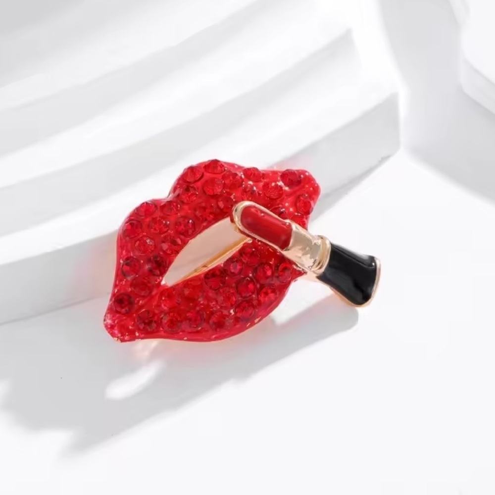Red Crystal Lips Lipstick Brooch
